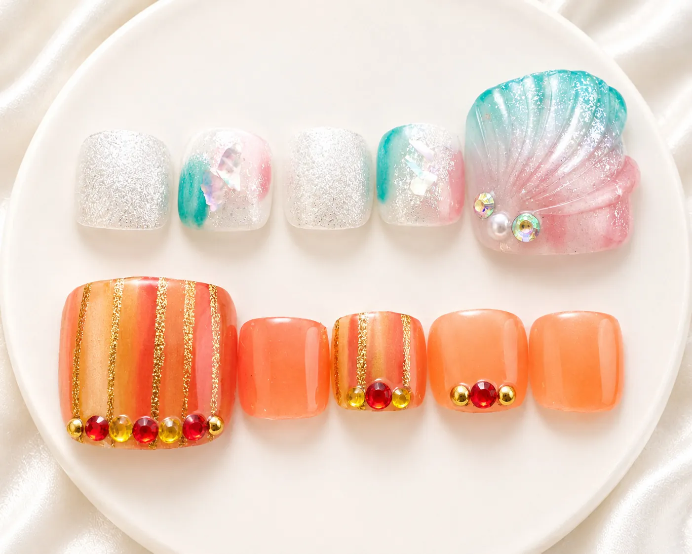 ホワイトとミントに貝殻風アートとパール、コーラルオレンジにゴールドとストーンを合わせたフットネイル