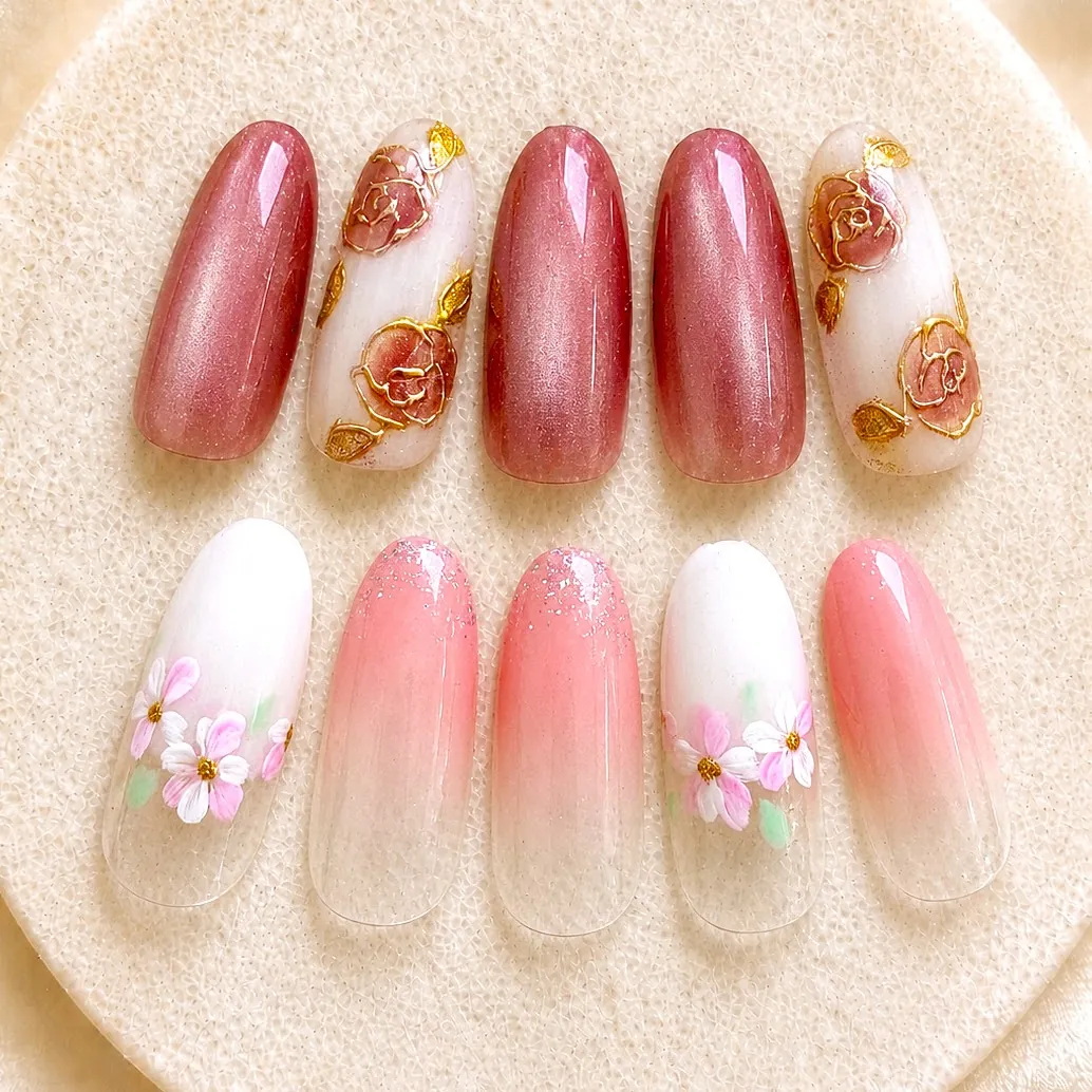 ボルドーピンクにローズとゴールド、ピンクとホワイトのグラデーションに小花を合わせたネイル